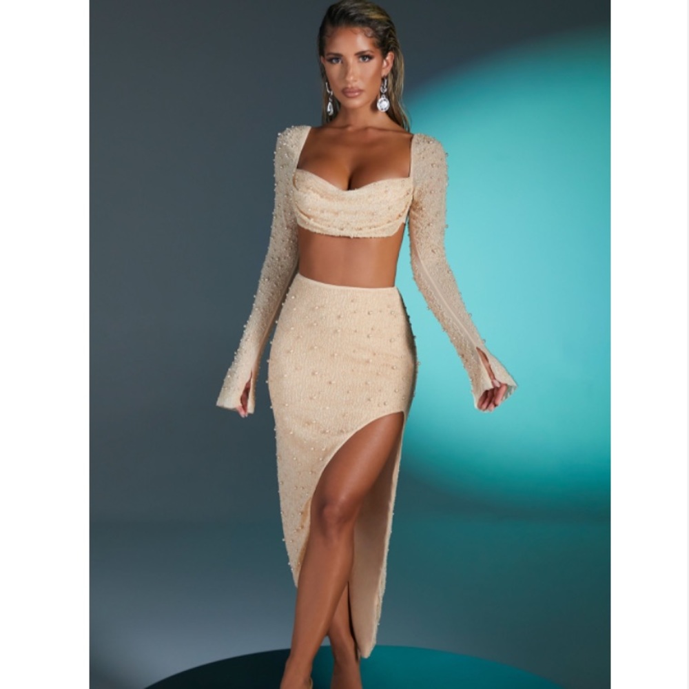 Oh Polly Cream Embellished Crop Top & High-Slit Skirt Set